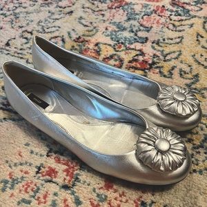 Silver Bally Leather Ballet Flats with 3D Flower Detail